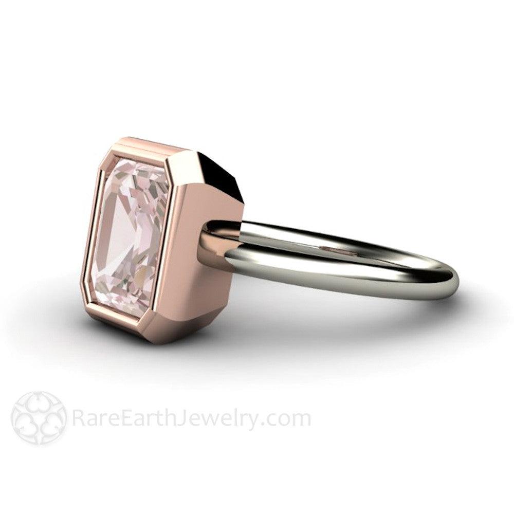Emerald Cut Morganite Engagement Ring | Two-Tone Bezel Set Solitaire, Rare Earth Jewelry
