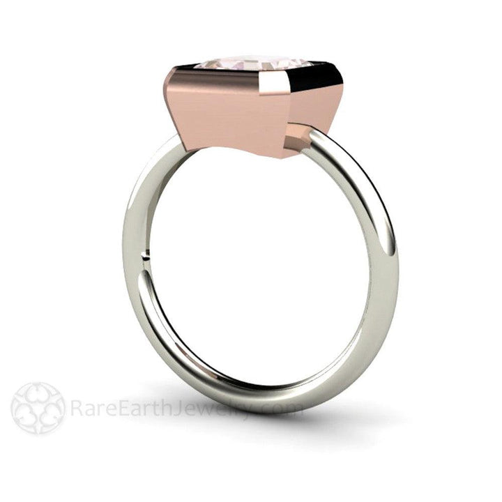 Emerald Cut Morganite Engagement Ring | Two-Tone Bezel Set Solitaire, Rare Earth Jewelry