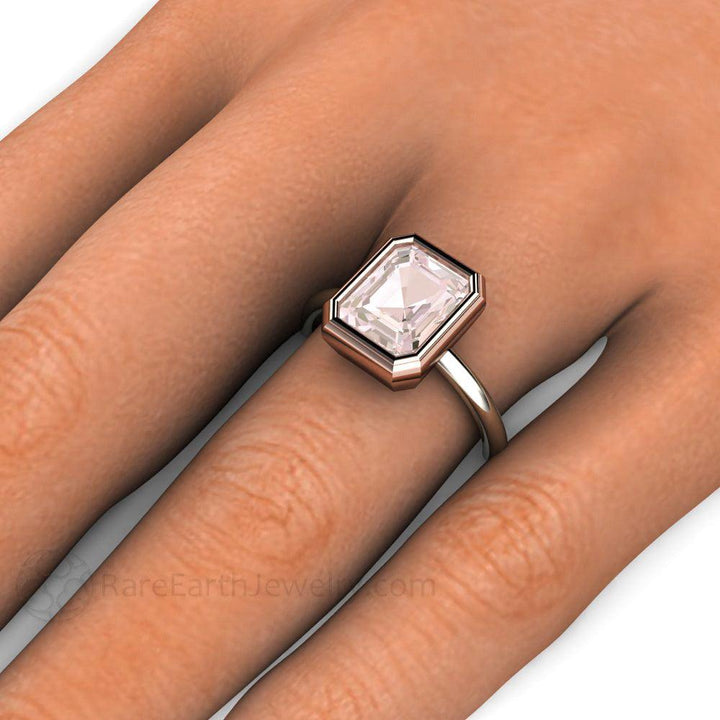 Emerald Cut Morganite Engagement Ring | Two-Tone Bezel Set Solitaire, Rare Earth Jewelry