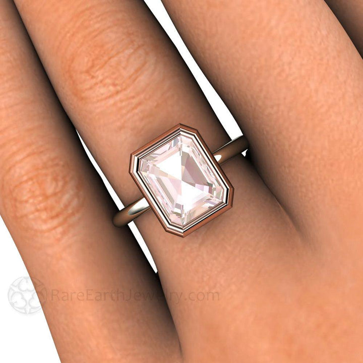 Emerald Cut Morganite Engagement Ring | Two-Tone Bezel Set Solitaire, Rare Earth Jewelry