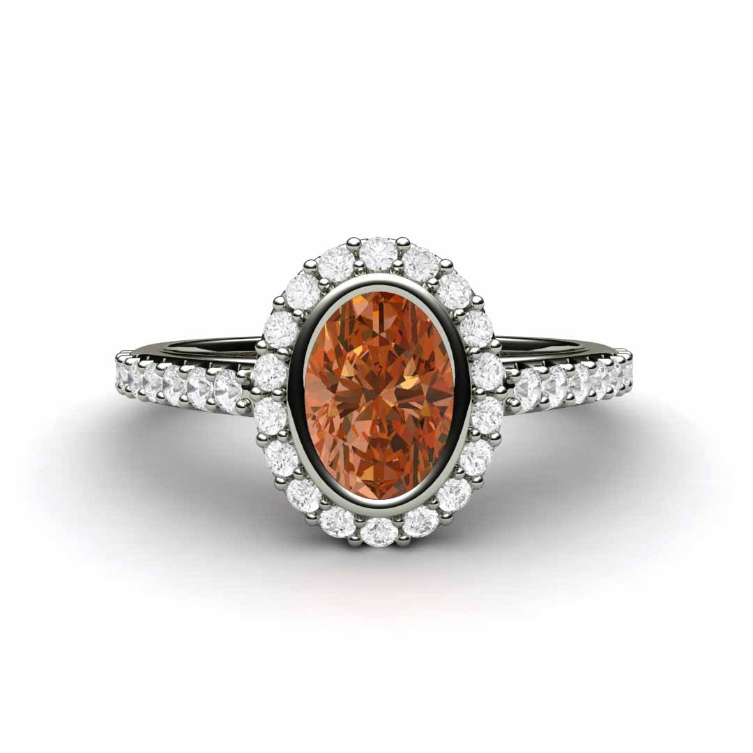 Oval Orange Sapphire Engagement Ring Bezel Set Pave Diamond Halo, Rare Earth Jewelry