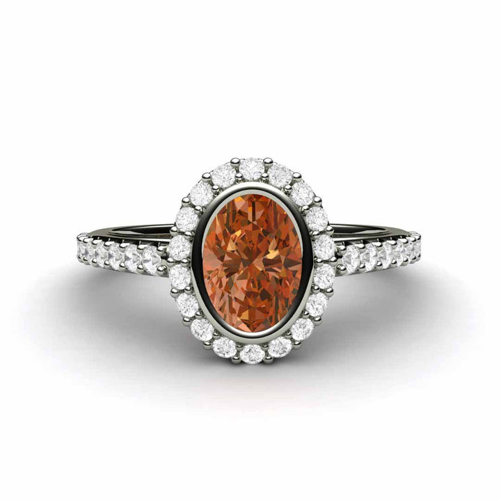 Oval Orange Sapphire Engagement Ring Bezel Set Pave Diamond Halo, Rare Earth Jewelry