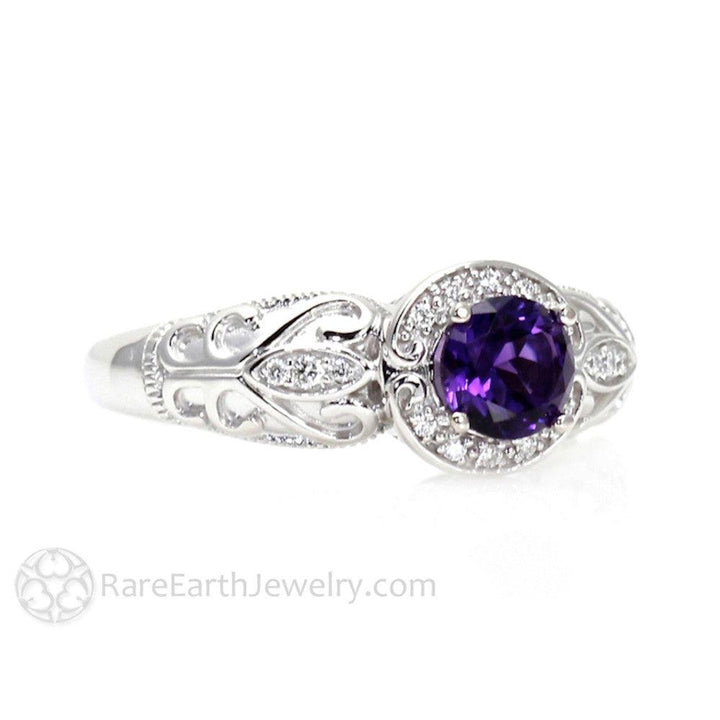 Vintage Amethyst Ring Art Deco Diamond Halo February Birthstone, Rare Earth Jewelry
