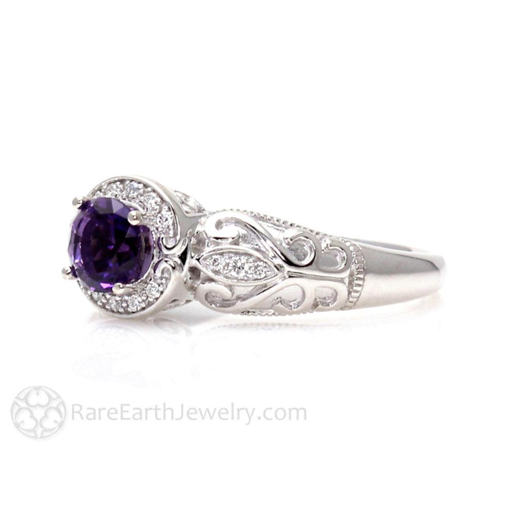 Vintage Amethyst Ring Art Deco Diamond Halo February Birthstone, Rare Earth Jewelry