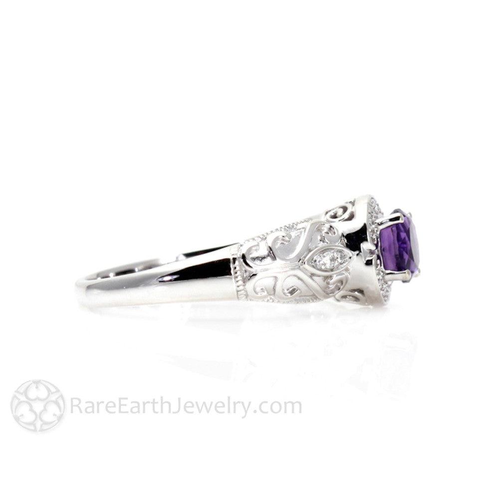 Vintage Amethyst Ring Art Deco Diamond Halo February Birthstone, Rare Earth Jewelry