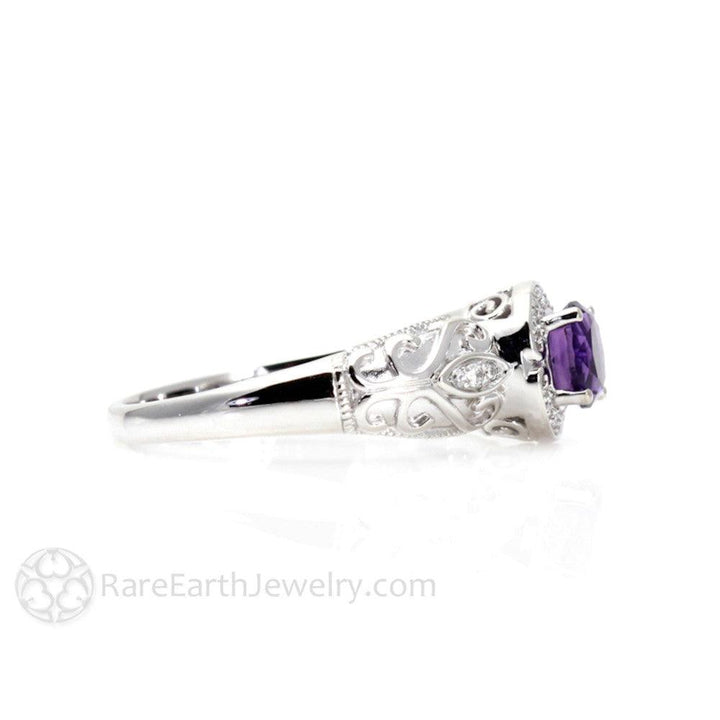 Vintage Amethyst Ring Art Deco Diamond Halo February Birthstone, Rare Earth Jewelry