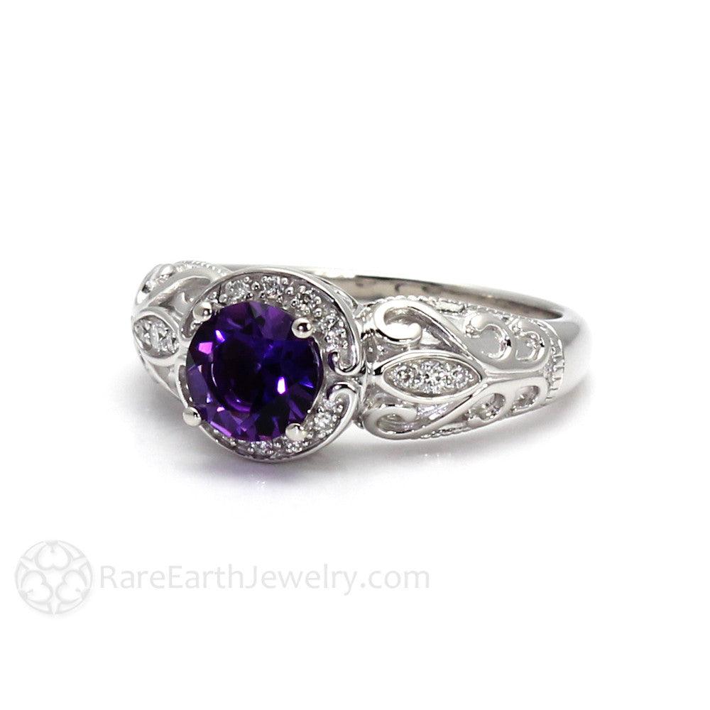 Vintage Amethyst Ring Art Deco Diamond Halo February Birthstone, Rare Earth Jewelry