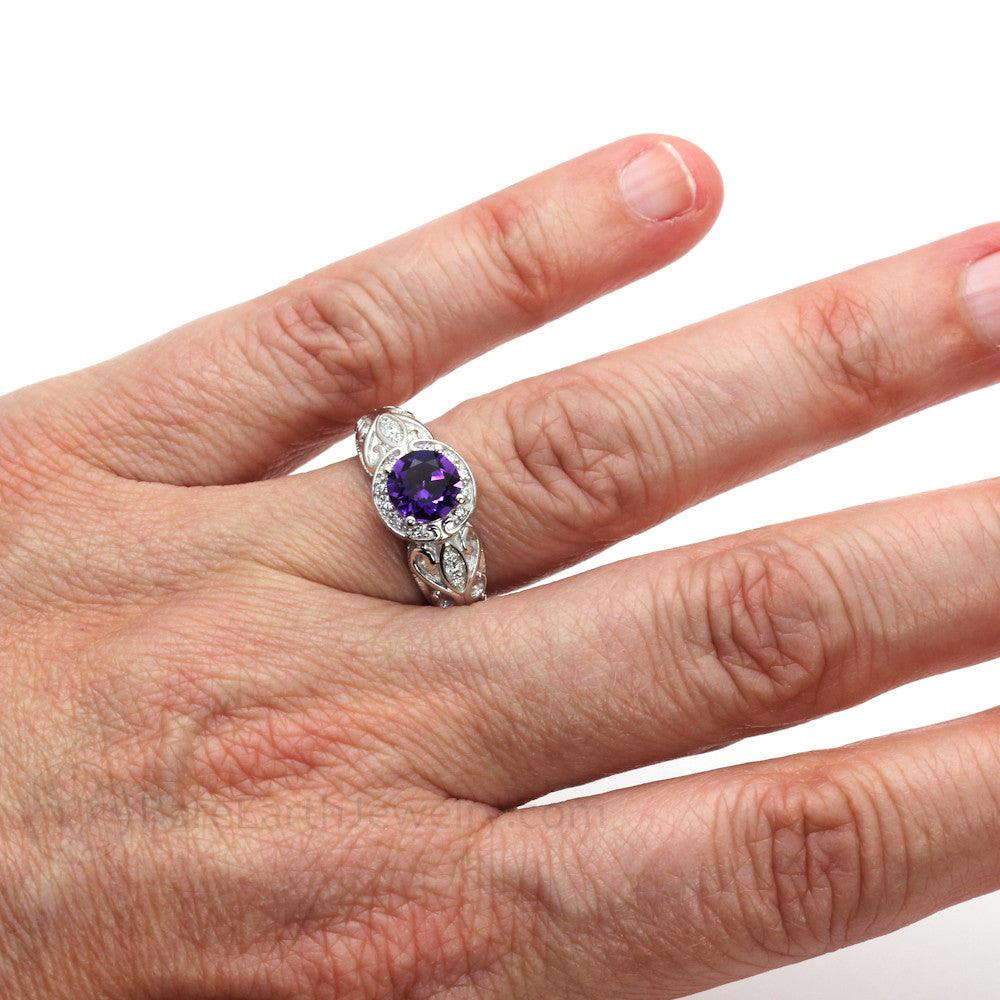 Vintage Amethyst Ring Art Deco Diamond Halo February Birthstone, Rare Earth Jewelry