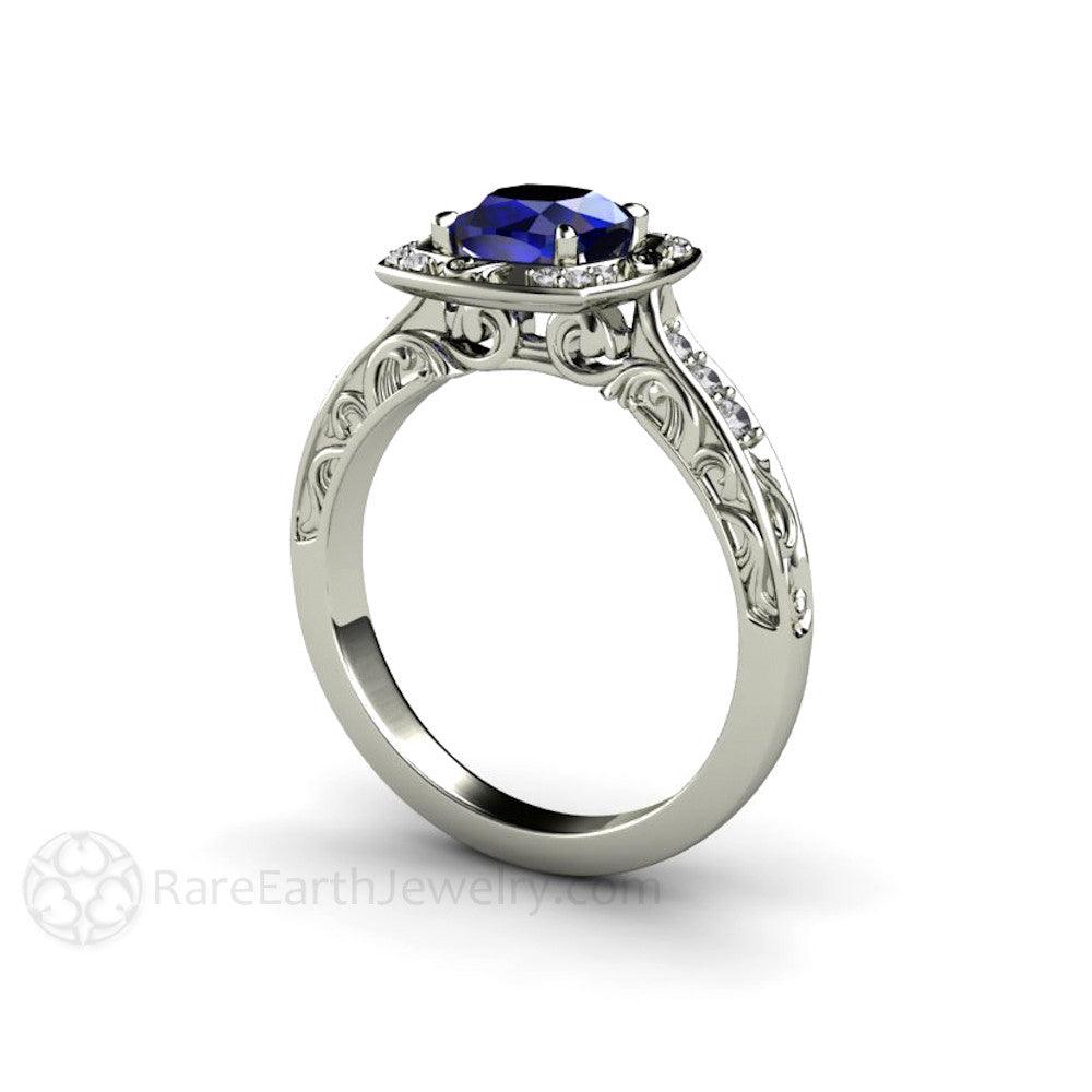 Vintage Art Deco Blue Sapphire Cushion Engagement Ring with Diamonds, Rare Earth Jewelry