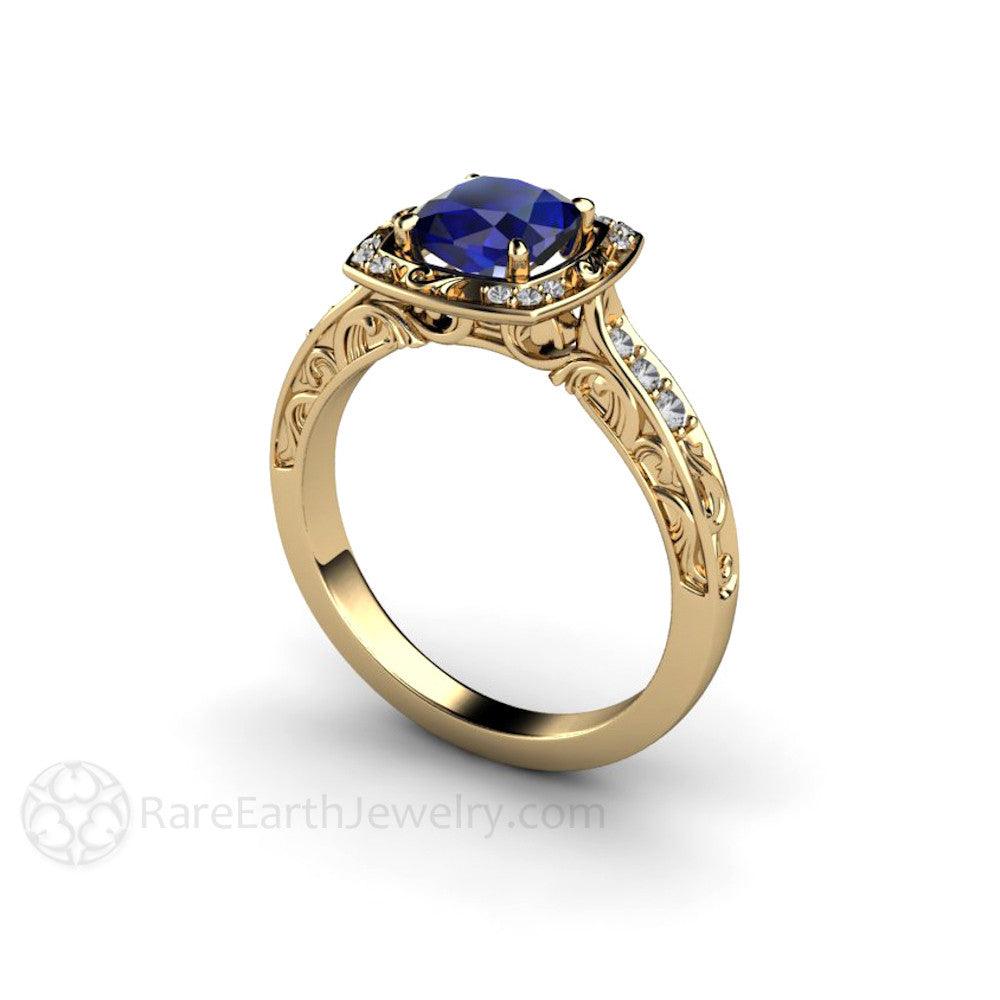 Vintage Art Deco Blue Sapphire Cushion Engagement Ring with Diamonds, Rare Earth Jewelry