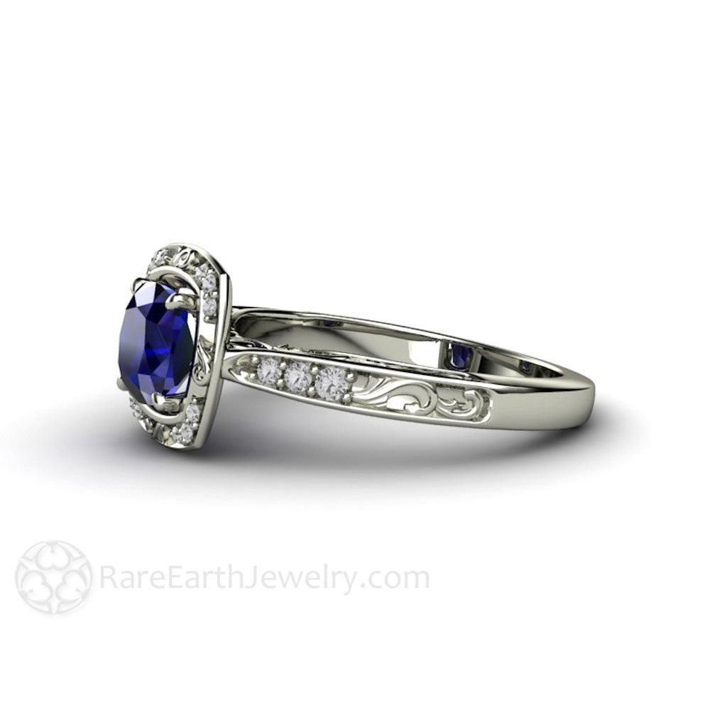 Vintage Art Deco Blue Sapphire Cushion Engagement Ring with Diamonds, Rare Earth Jewelry