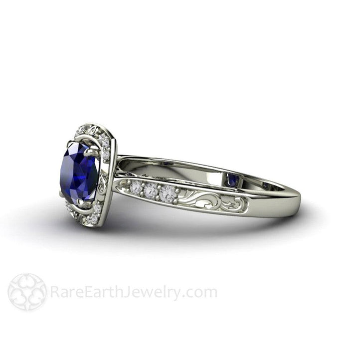 Vintage Art Deco Blue Sapphire Cushion Engagement Ring with Diamonds, Rare Earth Jewelry
