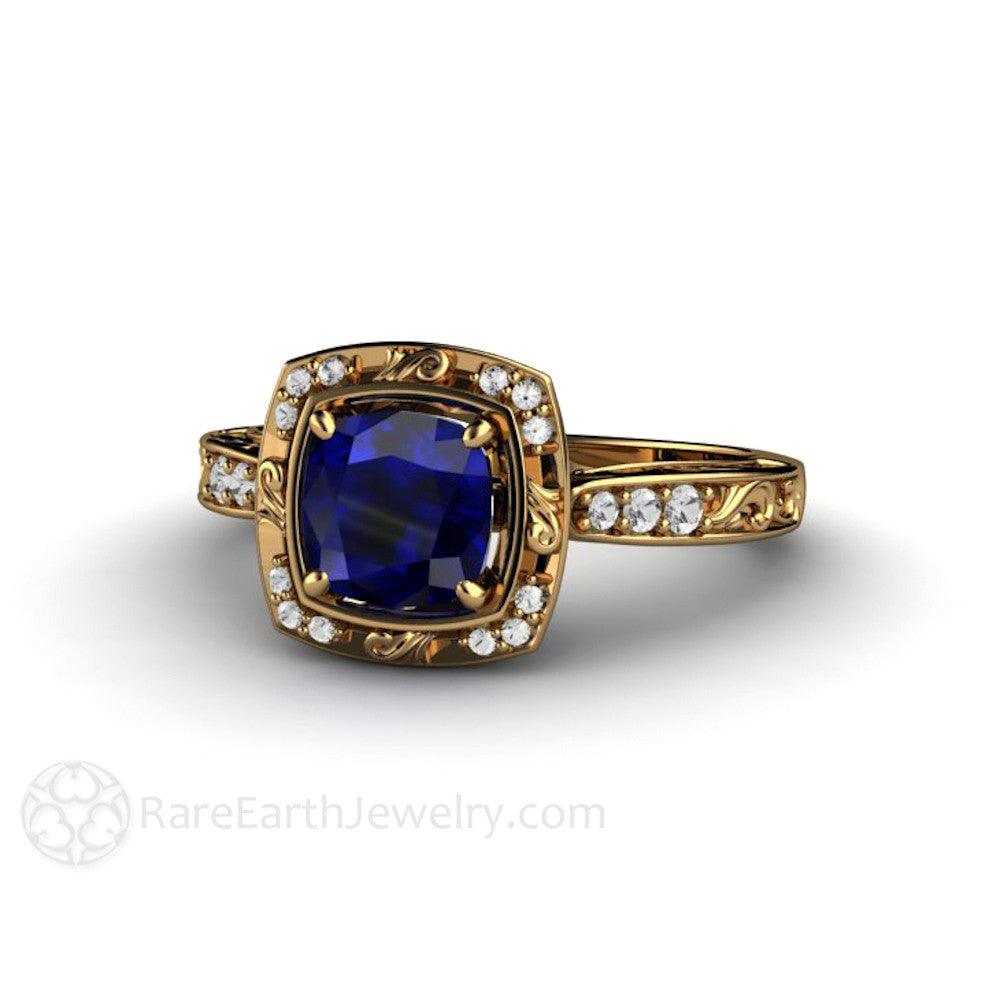 Vintage Art Deco Blue Sapphire Cushion Engagement Ring with Diamonds, Rare Earth Jewelry
