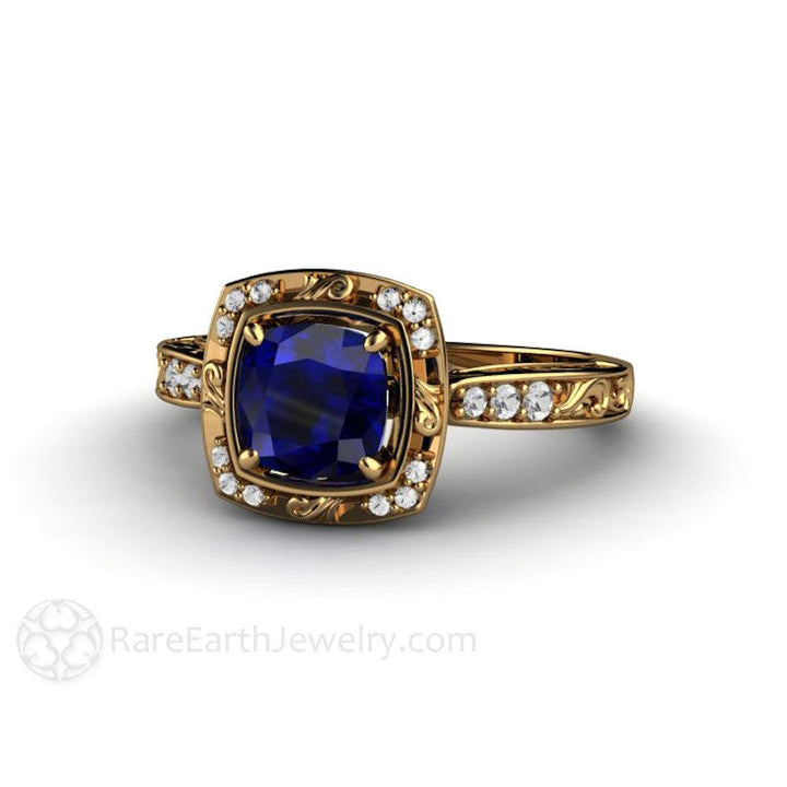 Vintage Art Deco Blue Sapphire Cushion Engagement Ring with Diamonds, Rare Earth Jewelry