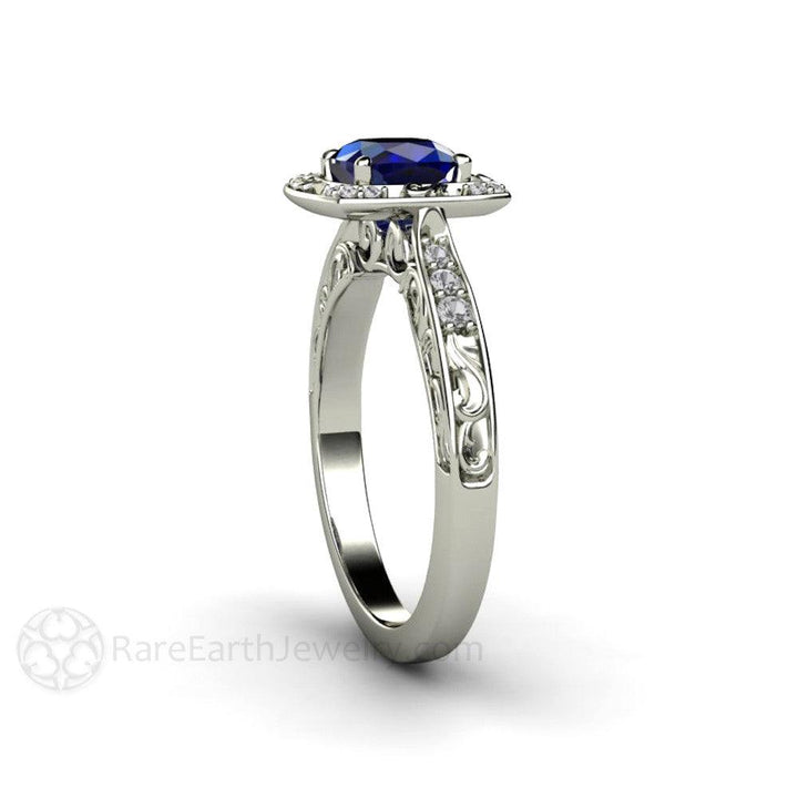 Vintage Art Deco Blue Sapphire Cushion Engagement Ring with Diamonds, Rare Earth Jewelry