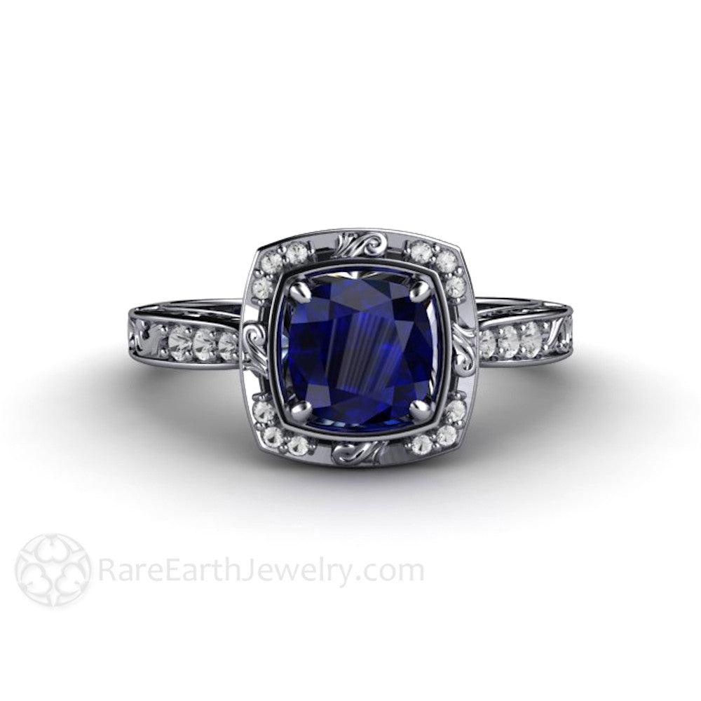 Vintage Art Deco Blue Sapphire Cushion Engagement Ring with Diamonds, Rare Earth Jewelry