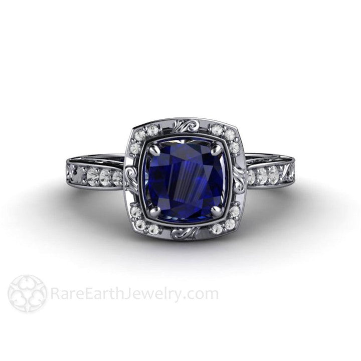 Vintage Art Deco Blue Sapphire Cushion Engagement Ring with Diamonds, Rare Earth Jewelry