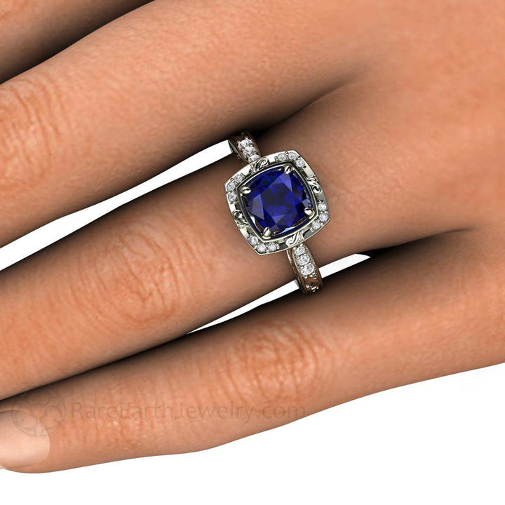 Vintage Art Deco Blue Sapphire Cushion Engagement Ring with Diamonds, Rare Earth Jewelry