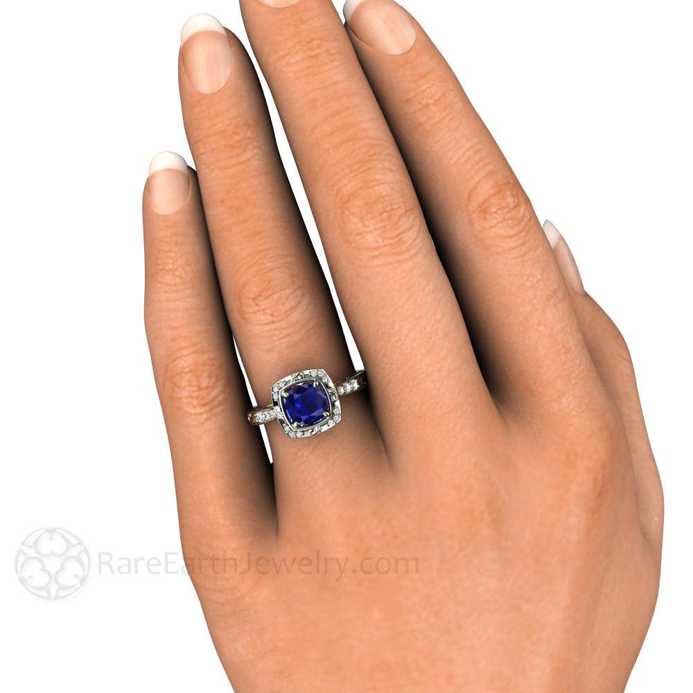 Vintage Art Deco Blue Sapphire Cushion Engagement Ring with Diamonds, Rare Earth Jewelry