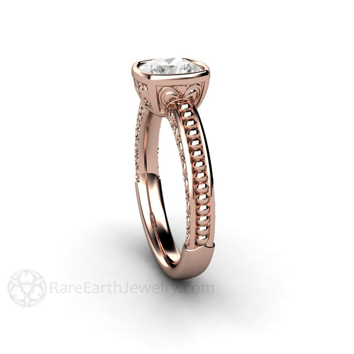 Vintage Bezel Set Moissanite Engagement Ring Cushion Cut Solitaire, Rare Earth Jewelry