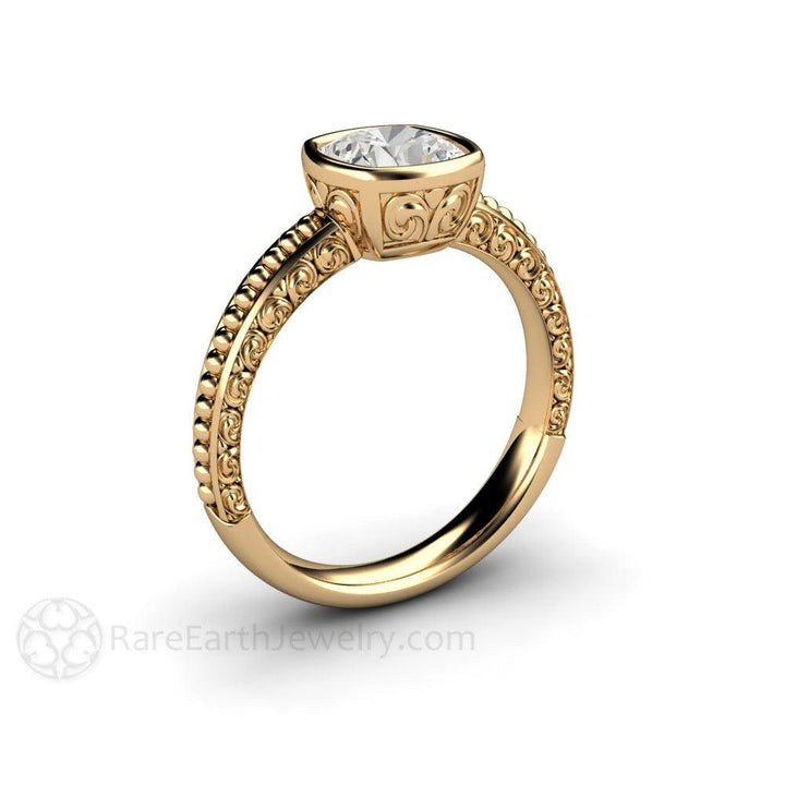 Vintage Bezel Set Moissanite Engagement Ring Cushion Cut Solitaire, Rare Earth Jewelry