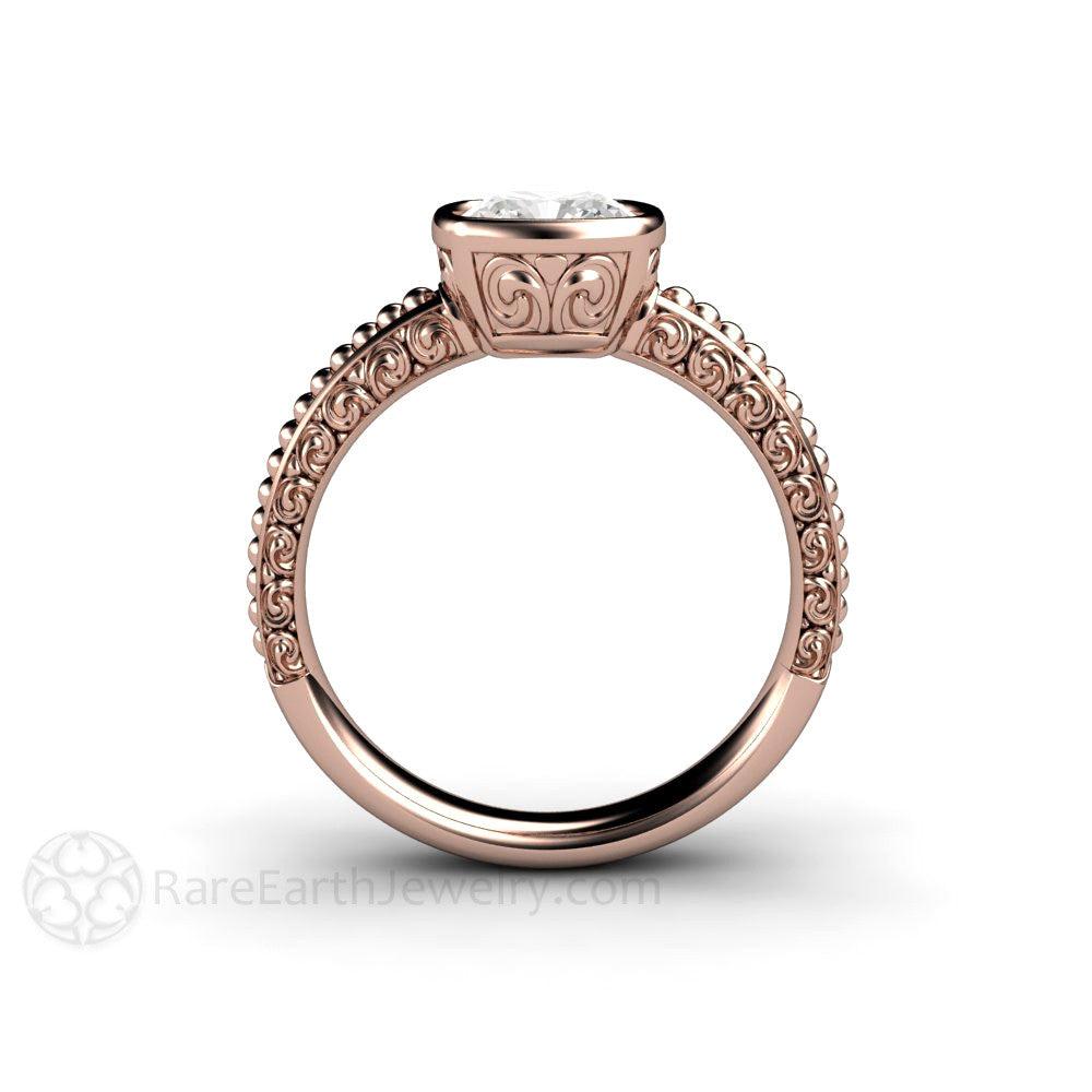 Vintage Bezel Set Moissanite Engagement Ring Cushion Cut Solitaire, Rare Earth Jewelry