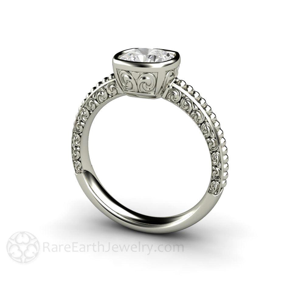 Vintage Bezel Set Moissanite Engagement Ring Cushion Cut Solitaire, Rare Earth Jewelry
