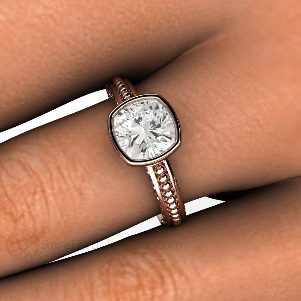 Vintage Bezel Set Moissanite Engagement Ring Cushion Cut Solitaire, Rare Earth Jewelry