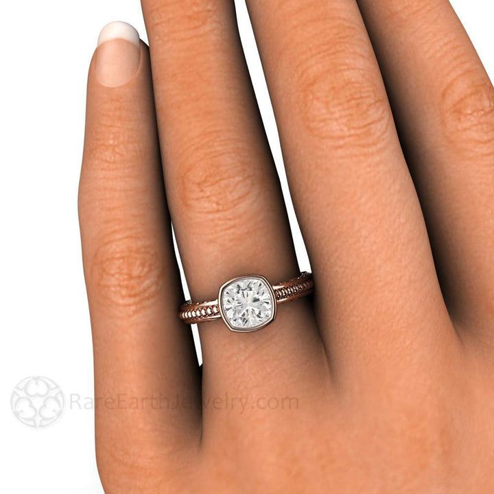 Vintage Bezel Set Moissanite Engagement Ring Cushion Cut Solitaire, Rare Earth Jewelry