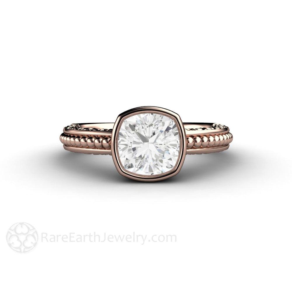 Vintage Bezel Set Moissanite Engagement Ring Cushion Cut Solitaire, Rare Earth Jewelry