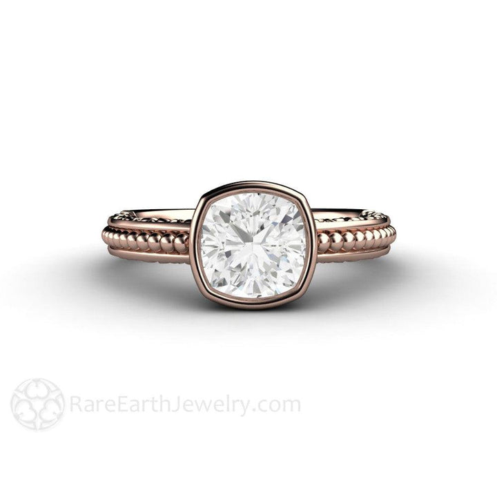 Vintage Bezel Set Moissanite Engagement Ring Cushion Cut Solitaire, Rare Earth Jewelry