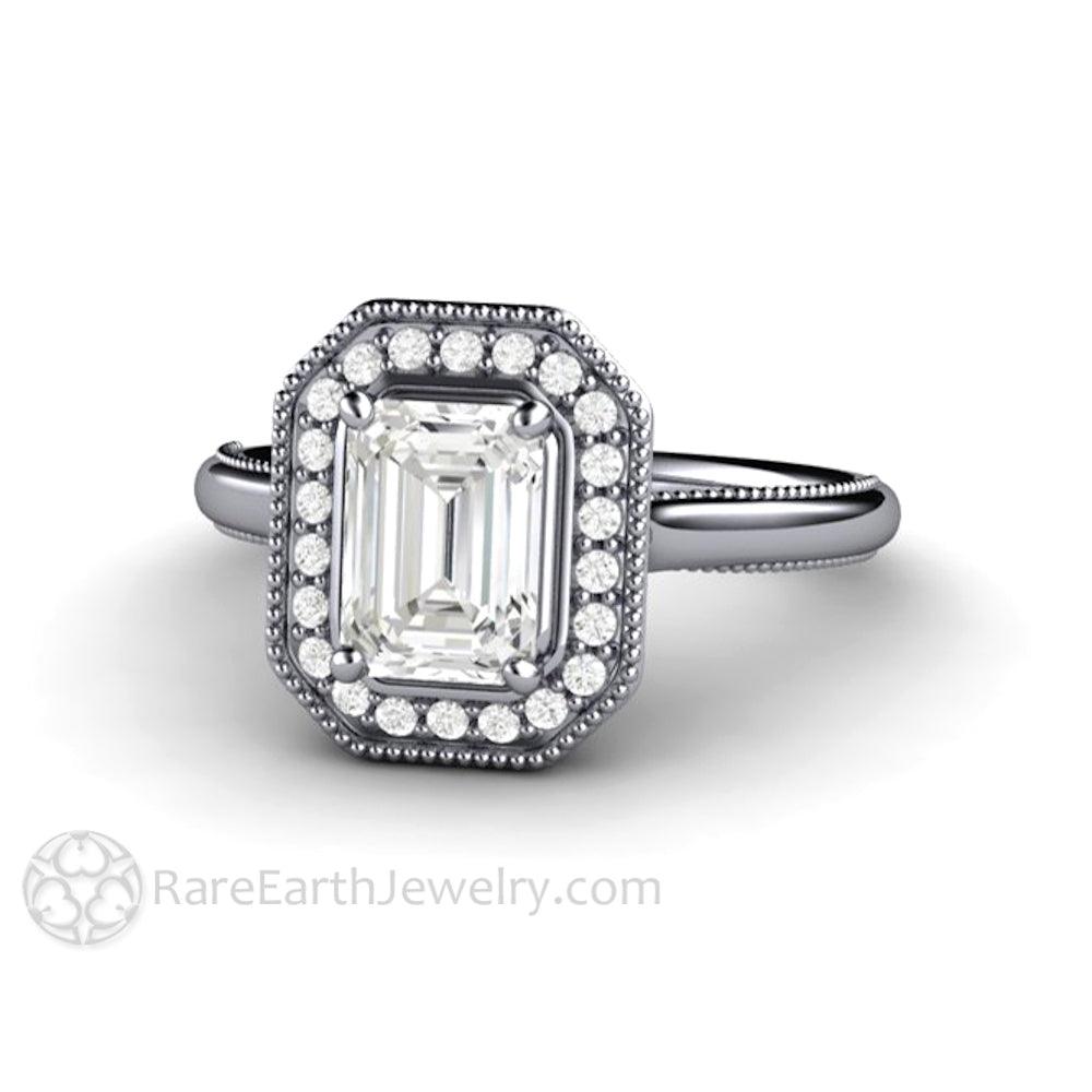 Vintage Emerald Cut Moissanite Engagement Ring with Diamond Halo and Filigree, Rare Earth Jewelry
