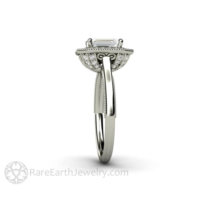 Vintage Emerald Cut Moissanite Engagement Ring with Diamond Halo and Filigree, Rare Earth Jewelry