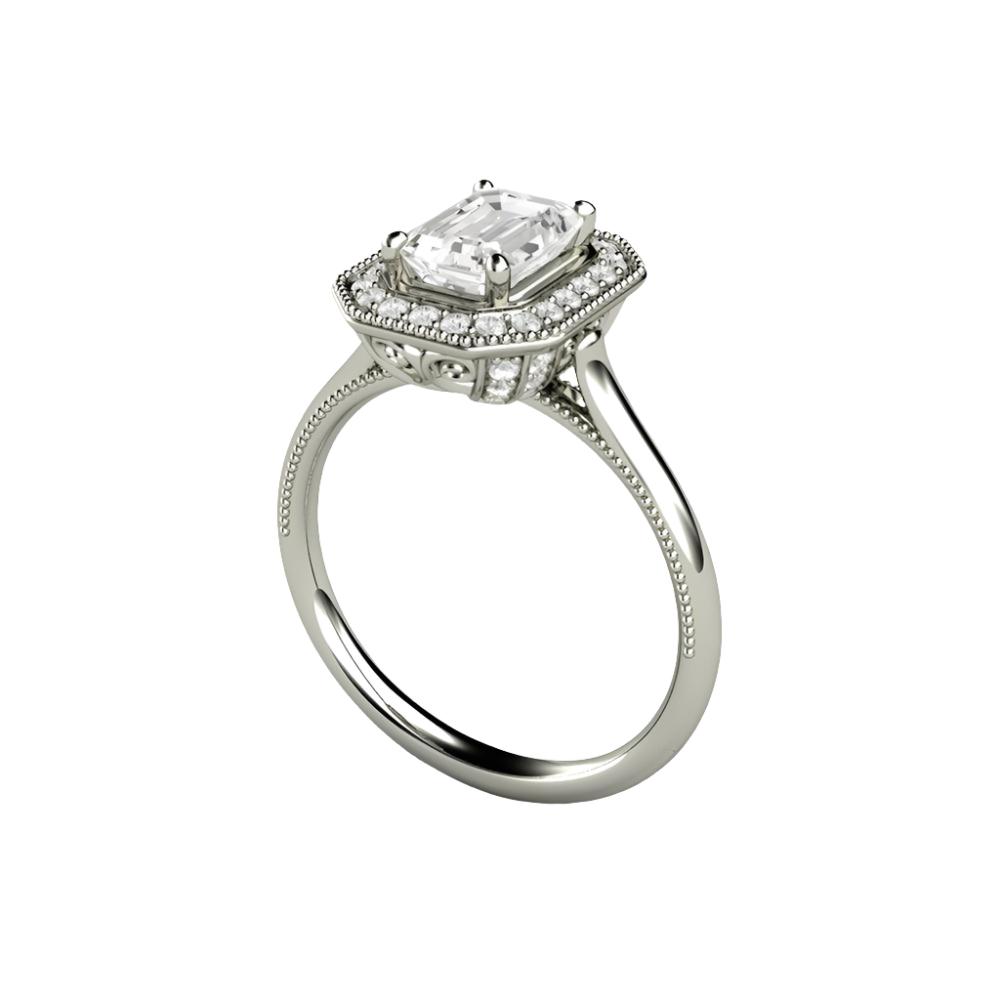 Vintage Emerald Cut Moissanite Engagement Ring with Diamond Halo and Filigree, Rare Earth Jewelry