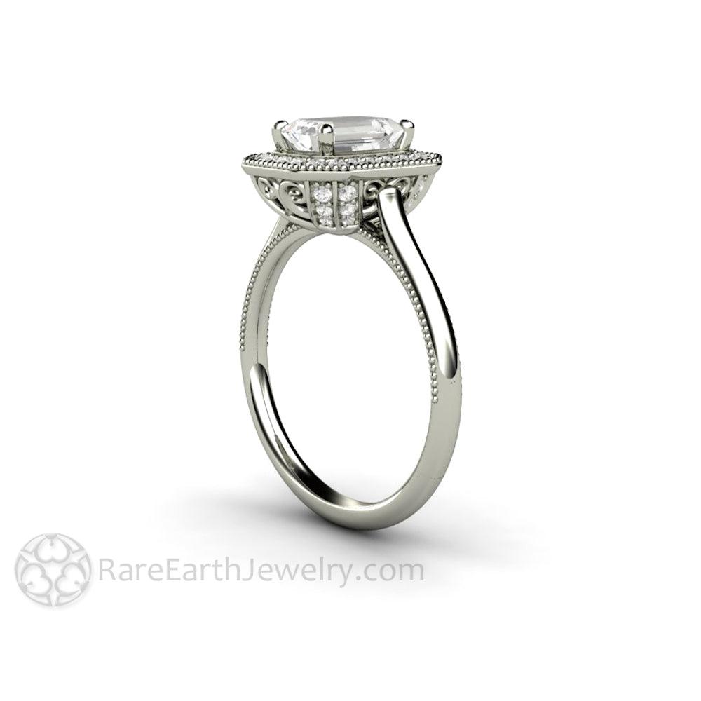 Vintage Emerald Cut Moissanite Engagement Ring with Diamond Halo and Filigree, Rare Earth Jewelry