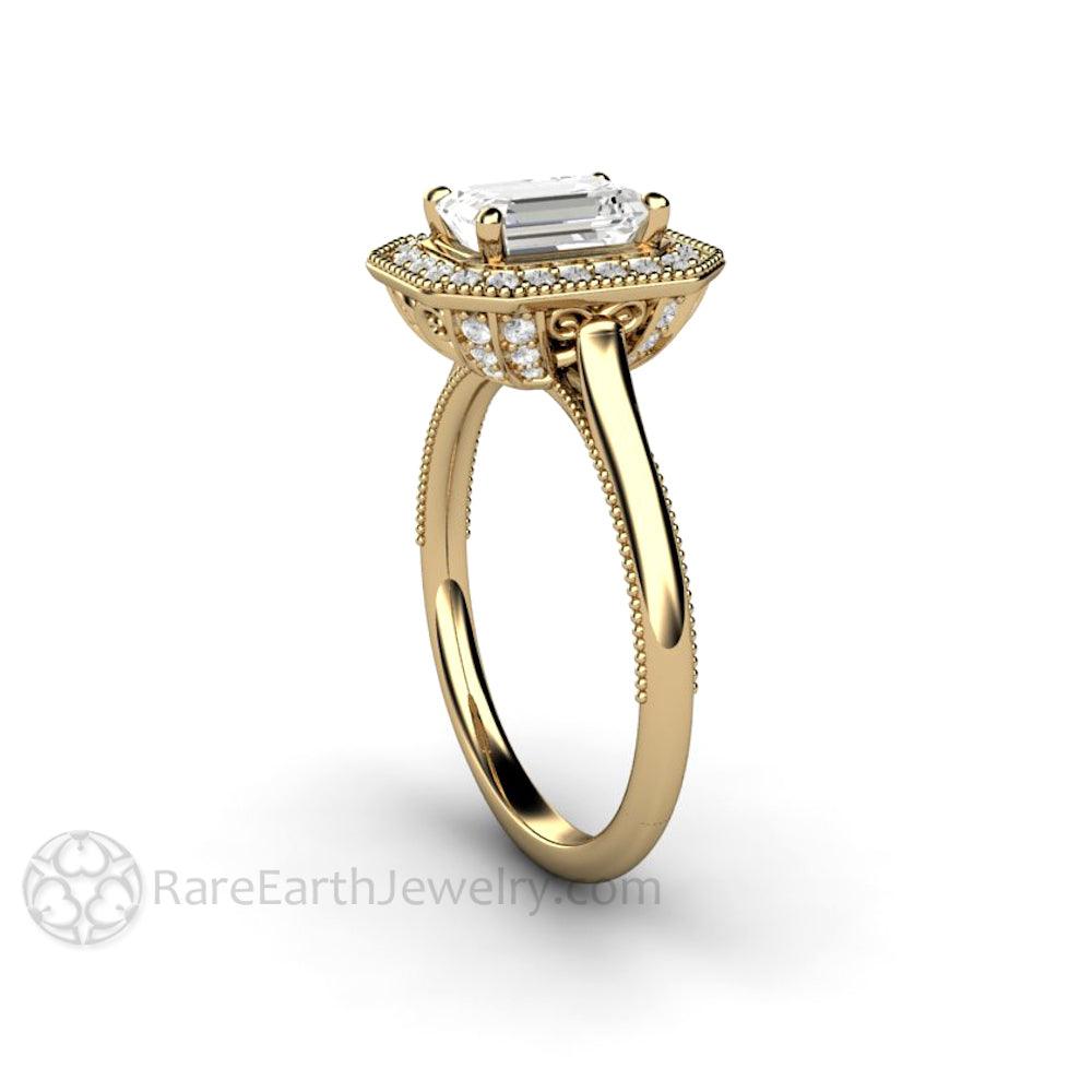Vintage Emerald Cut Moissanite Engagement Ring with Diamond Halo and Filigree, Rare Earth Jewelry