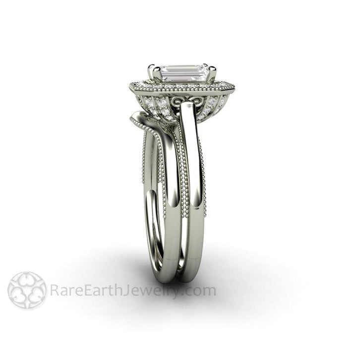 Vintage Emerald Cut Moissanite Engagement Ring with Diamond Halo and Filigree, Rare Earth Jewelry