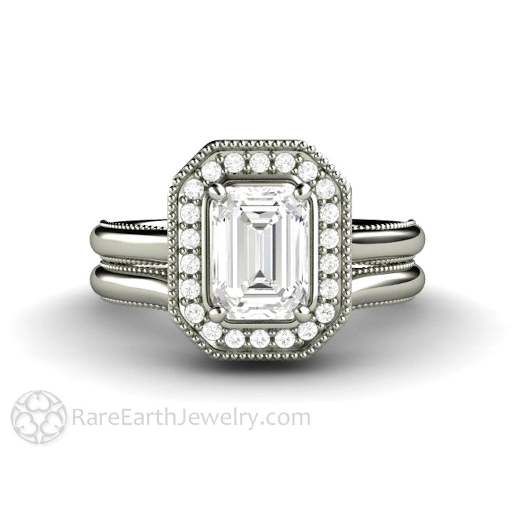 Vintage Emerald Cut Moissanite Engagement Ring with Diamond Halo and Filigree, Rare Earth Jewelry