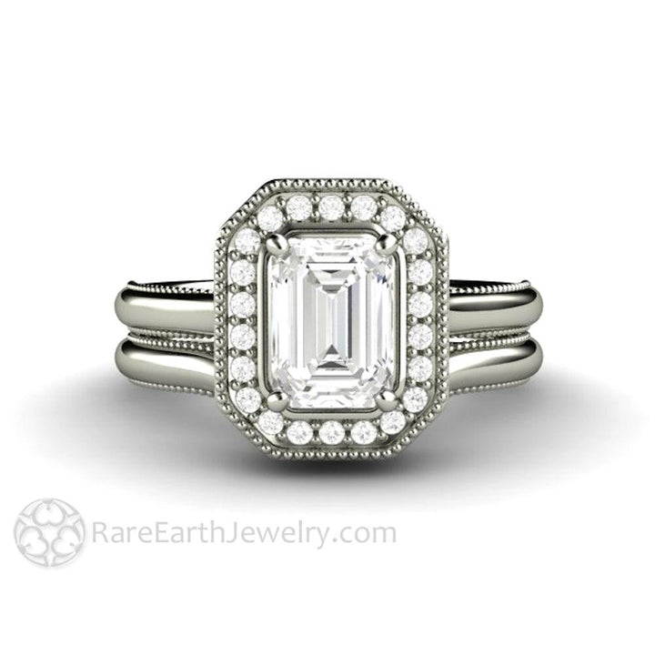 Vintage Emerald Cut Moissanite Engagement Ring with Diamond Halo and Filigree, Rare Earth Jewelry
