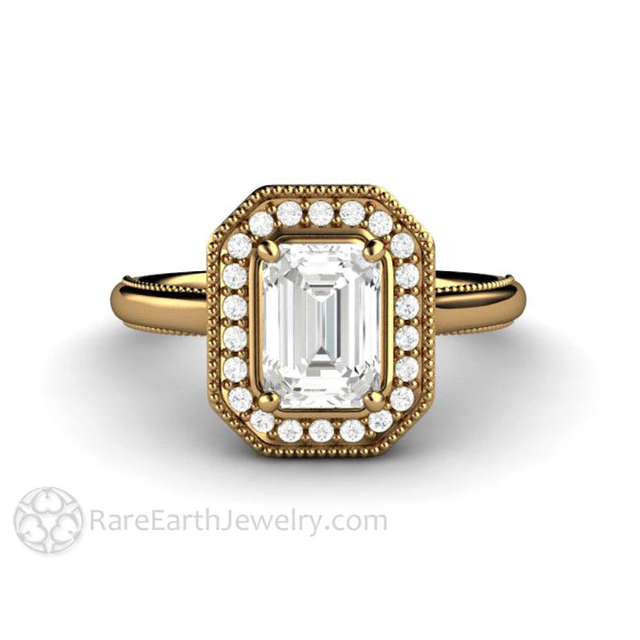 Vintage Emerald Cut Moissanite Engagement Ring with Diamond Halo and Filigree, Rare Earth Jewelry
