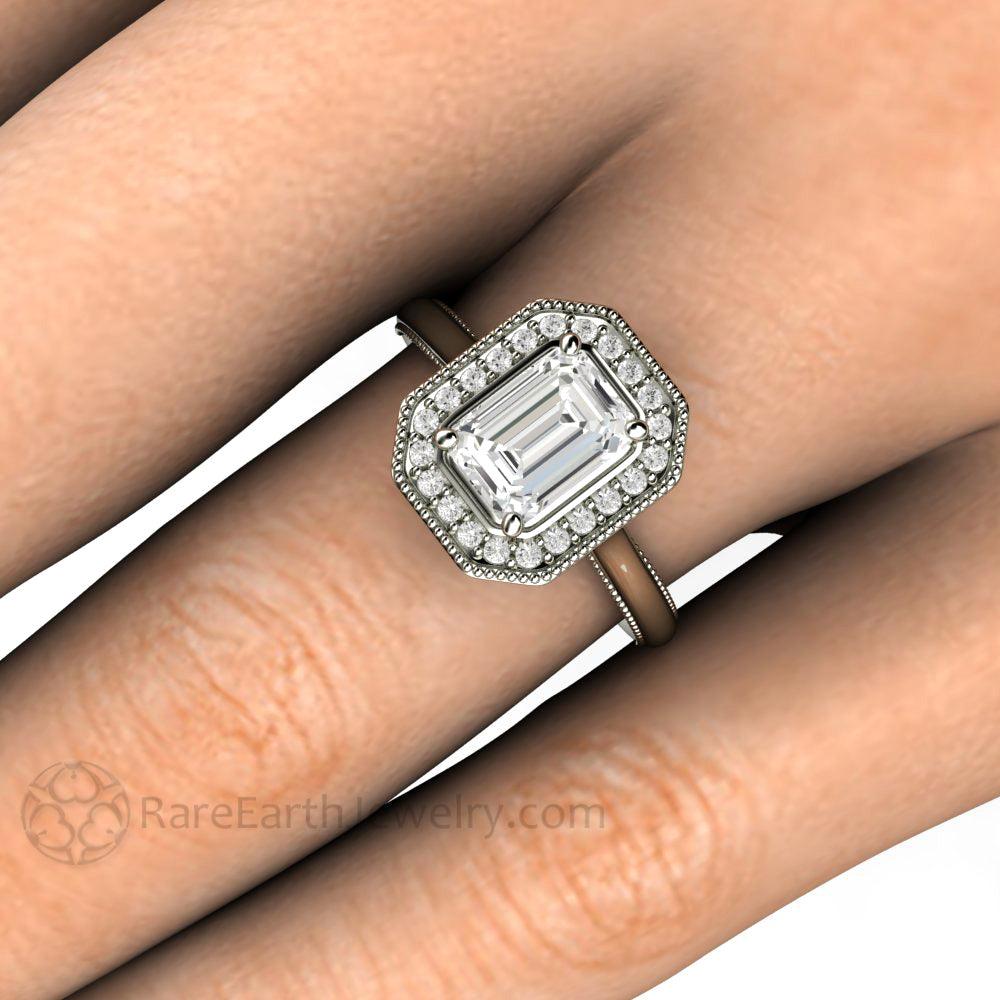 Vintage Emerald Cut Moissanite Engagement Ring with Diamond Halo and Filigree, Rare Earth Jewelry