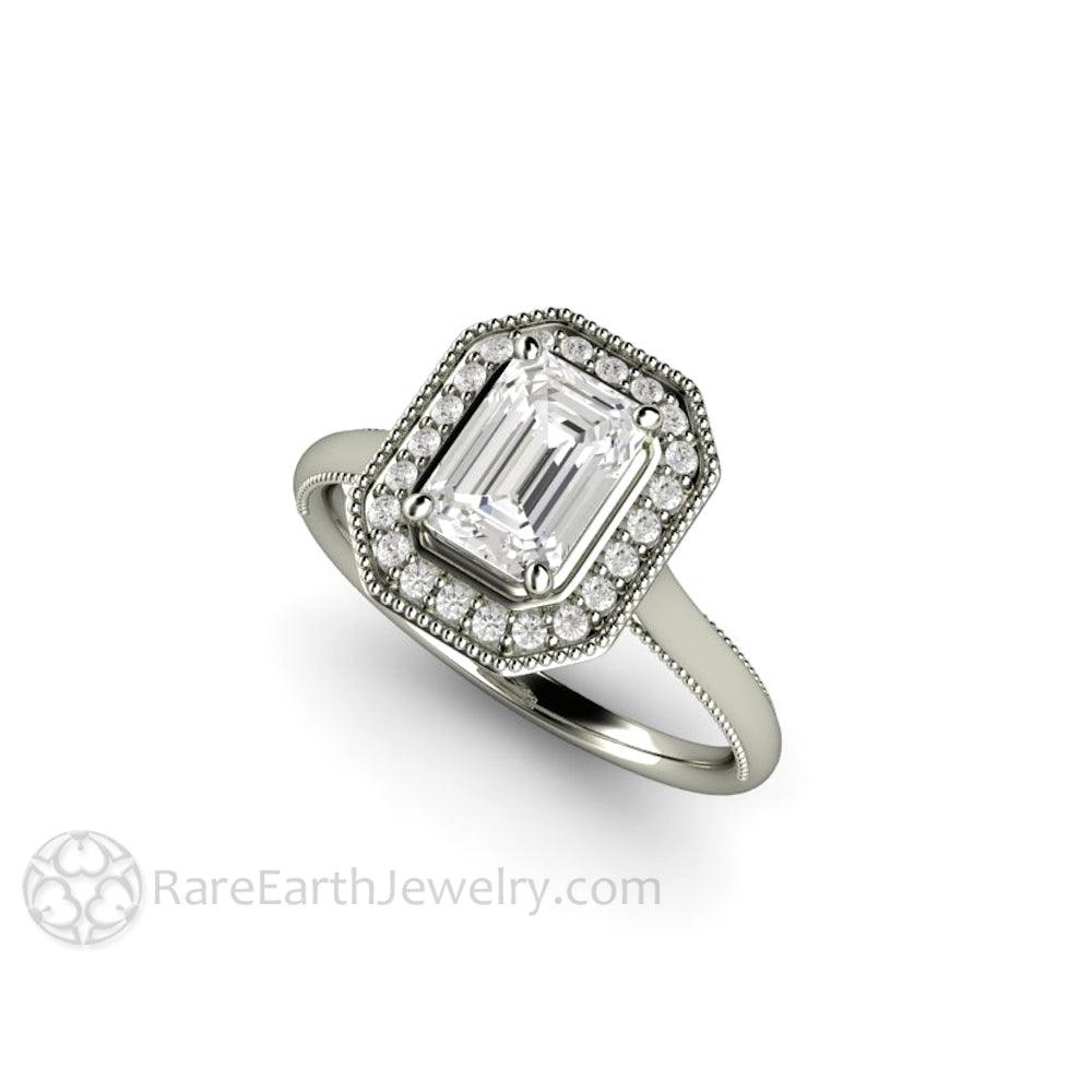Vintage Emerald Cut Moissanite Engagement Ring with Diamond Halo and Filigree, Rare Earth Jewelry