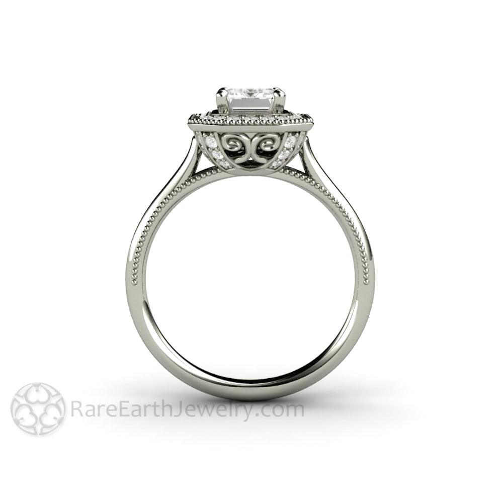 Vintage Emerald Cut Moissanite Engagement Ring with Diamond Halo and Filigree, Rare Earth Jewelry