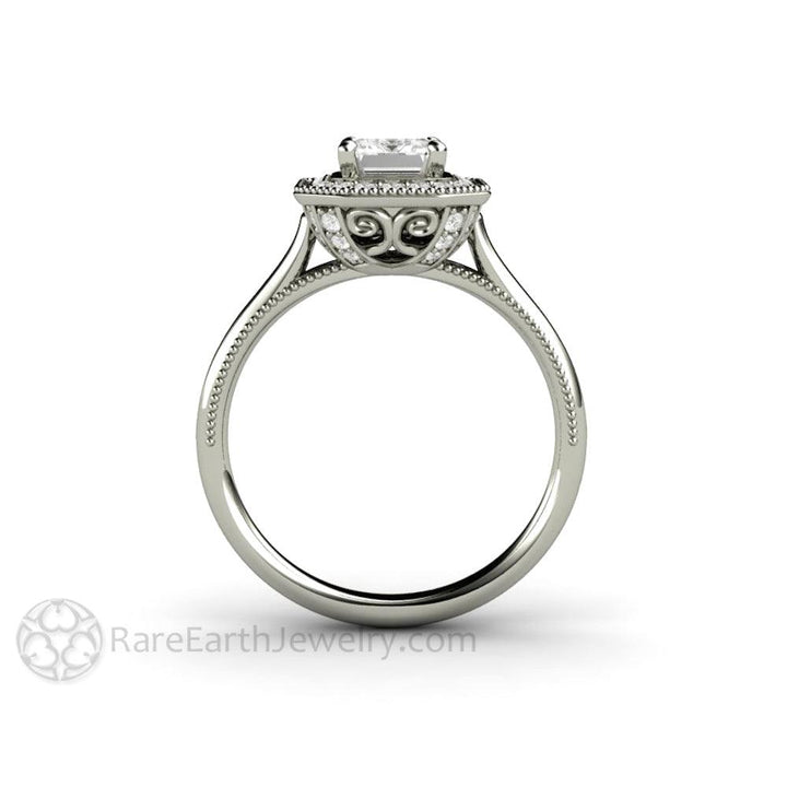 Vintage Emerald Cut Moissanite Engagement Ring with Diamond Halo and Filigree, Rare Earth Jewelry