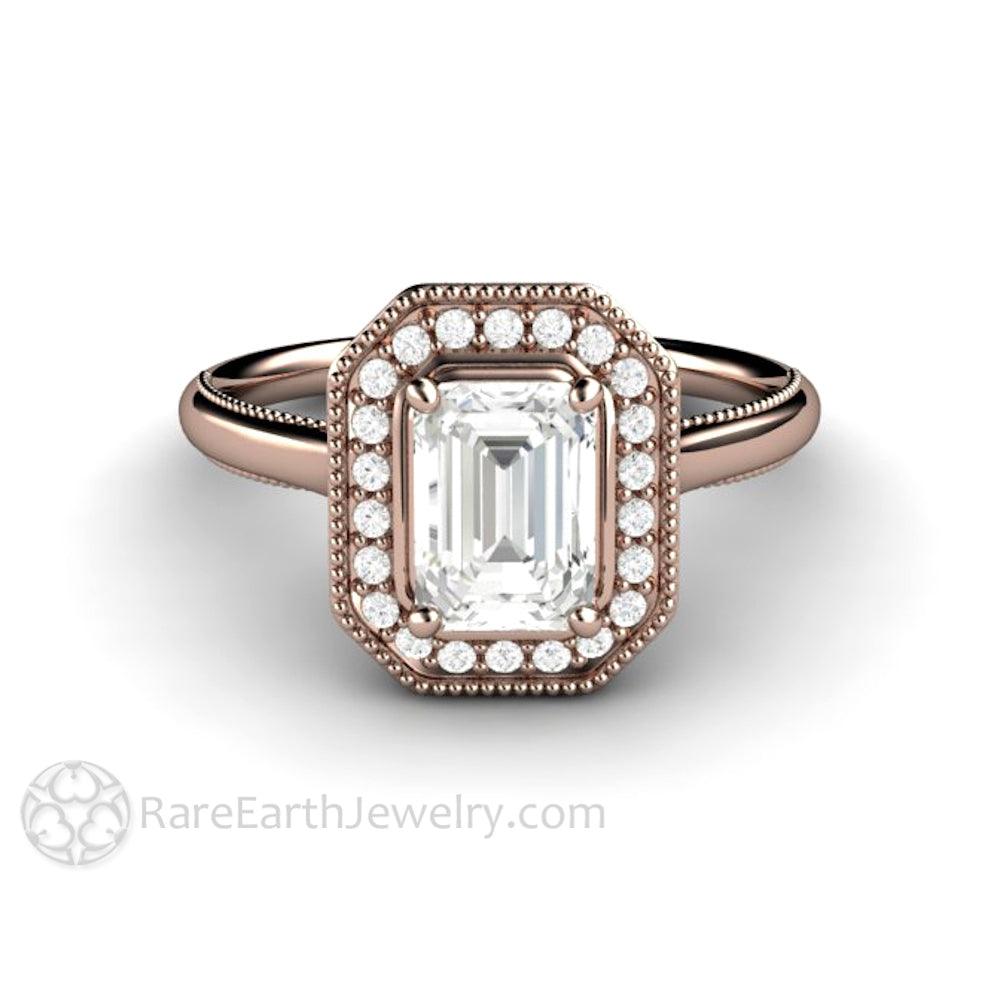 Vintage Emerald Cut Moissanite Engagement Ring with Diamond Halo and Filigree, Rare Earth Jewelry
