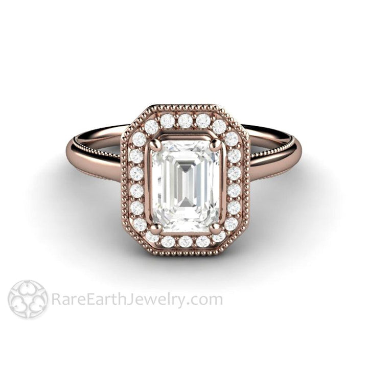 Vintage Emerald Cut Moissanite Engagement Ring with Diamond Halo and Filigree, Rare Earth Jewelry