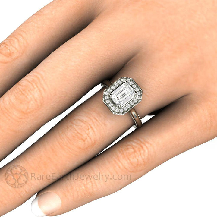 Vintage Emerald Cut Moissanite Engagement Ring with Diamond Halo and Filigree, Rare Earth Jewelry