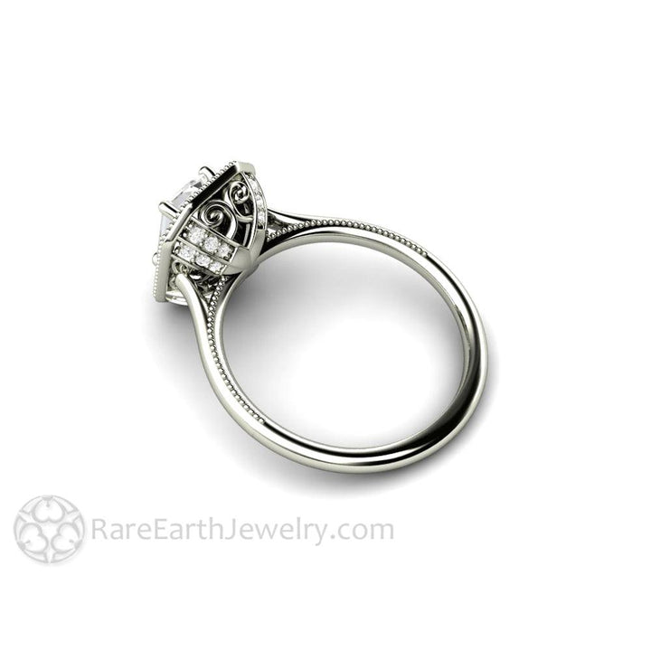 Vintage Emerald Cut Moissanite Engagement Ring with Diamond Halo and Filigree, Rare Earth Jewelry