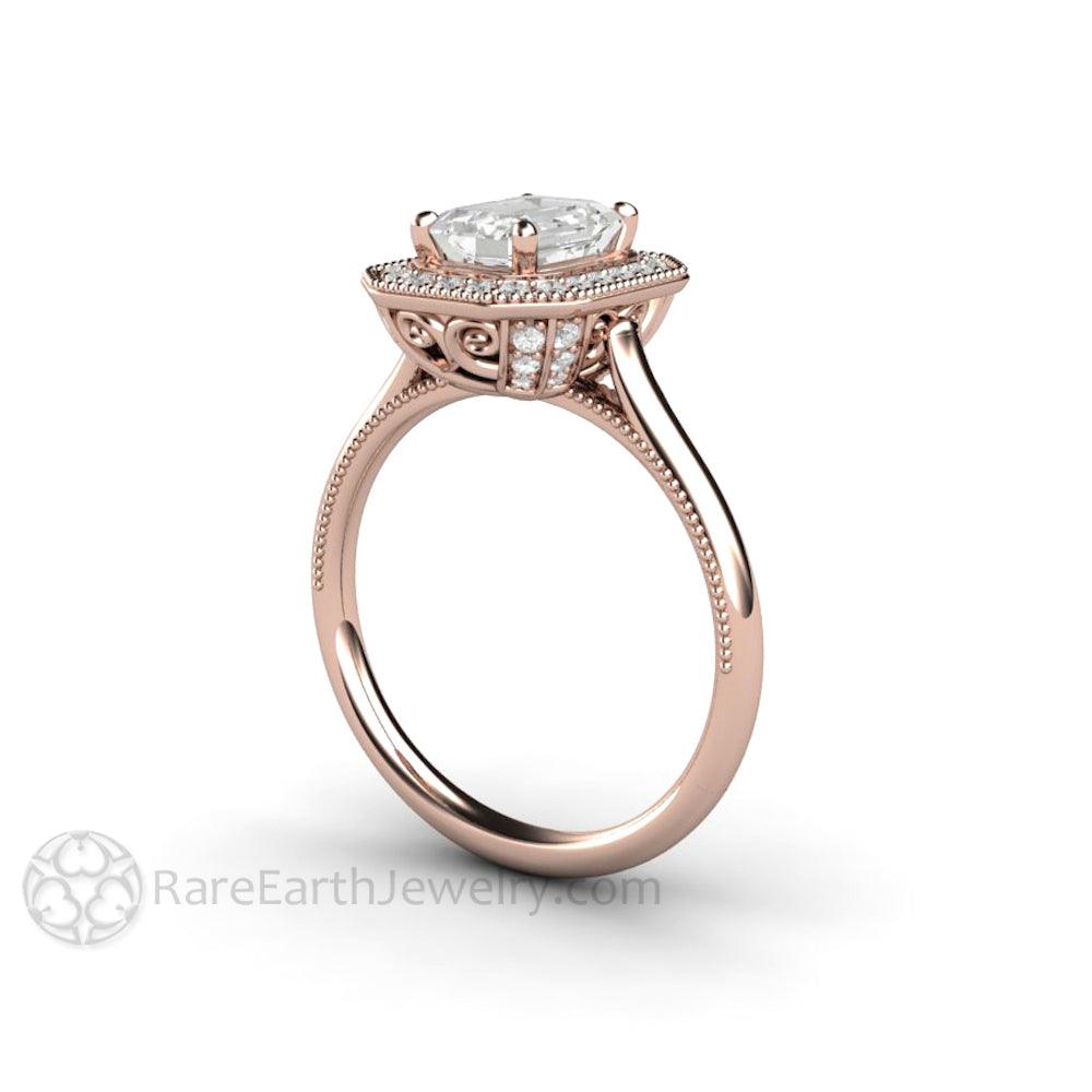 Vintage Emerald Cut Moissanite Engagement Ring with Diamond Halo and Filigree, Rare Earth Jewelry