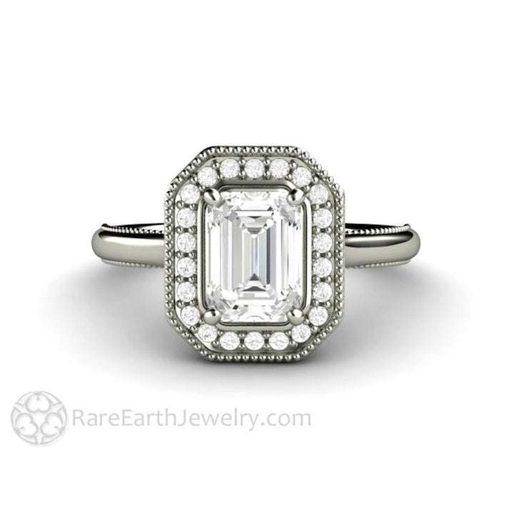 Vintage Emerald Cut Moissanite Engagement Ring with Diamond Halo and Filigree, Rare Earth Jewelry
